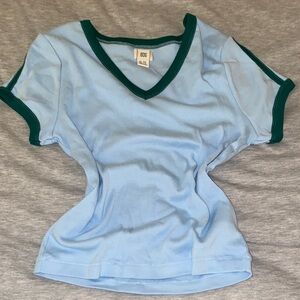 BDG Sky Blue V-Neck Tee with Dark Green Trim